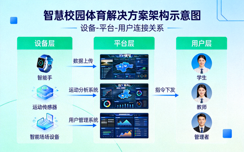 智慧校园体育解决方案架构示意图，展示设备、平台与用户的连接